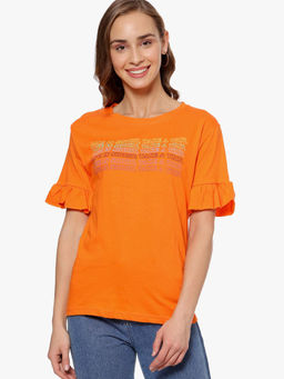 PINACOLADA - Women Casual Half Sleeve Printed Orange Top