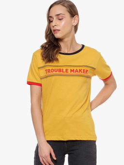 PINACOLADA - Women Graphic Print Solid Round Neck Yellow T-Shirt