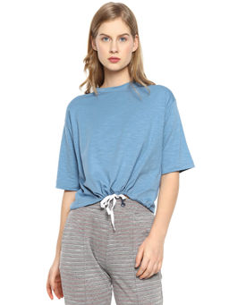 PINACOLADA - Women Stylish Blue Solid Front Drawstring Half Sleeve Casual Tops