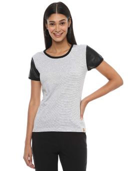 PINACOLADA - Women Grey Black Striped Round Neck Pure Cotton Top