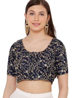 SALWAR STUDIO - Navy Blue Silk Blend Readymade Saree Blouse