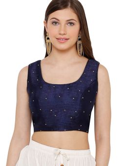 SALWAR STUDIO - Navy Blue Dupion Silk Readymade Saree Blouse