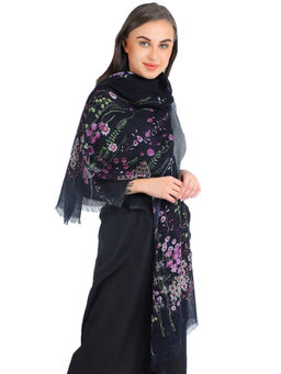 Pashma - Floral Black Color Print Crafted In Silk Cashmere Stole