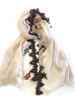 Pashma - Lace And Bird Applique Embroidered Scarves