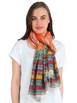 Pashma - Floral Orange Color Print Crafted In Silk Cashmere Stole