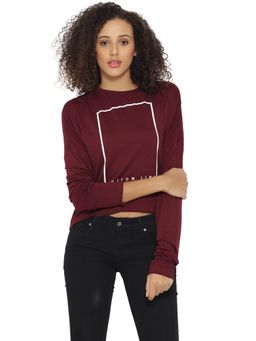 PINACOLADA - Maroon Printed Round Neck Casual Crop Top
