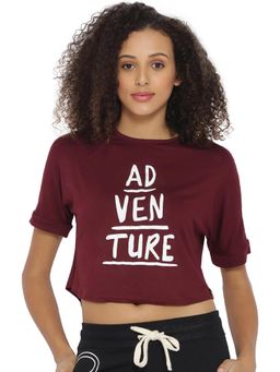 PINACOLADA - Maroon Printed Round Neck Casual Crop Top