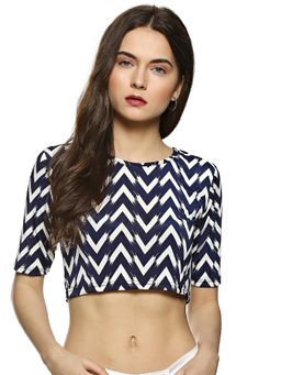 PINACOLADA - Blue Printed Round Neck Casual Crop Top
