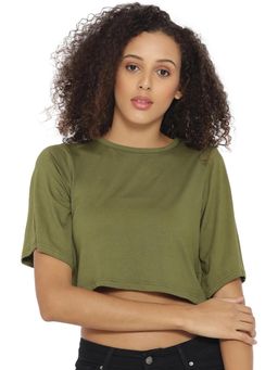 PINACOLADA - Green Solid Round Neck Casual Crop Top