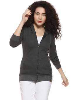 Campus Sutra - Grey Solid Hooded Casual Sweatshirt
