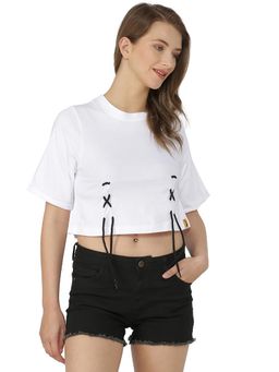 PINACOLADA - White Solid Round Neck Casual Crop Top