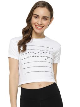 PINACOLADA - White Printed Round Neck Casual Crop Top