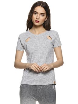 PINACOLADA - Grey Stripes Round Neck Casual Crop Top