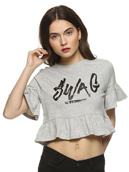 PINACOLADA - Grey Printed Round Neck Casual Crop Top