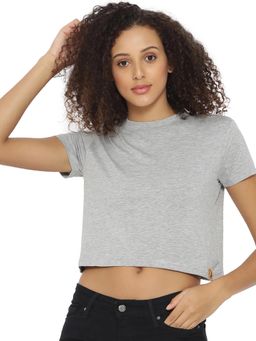 PINACOLADA - Grey Solid Round Neck Casual Crop Top