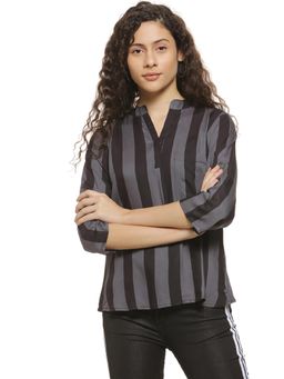 PINACOLADA - Grey Stripes Mandarin Neck Casual Top