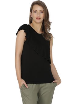 PINACOLADA - Black Solid Round Neck Casual Top