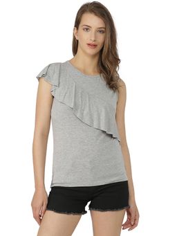 PINACOLADA - Grey Solid Round Neck Casual Top