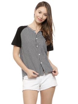 PINACOLADA - Black Stripes Mandarin Neck Casual Top