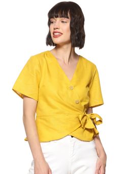 PINACOLADA - Yellow Solid V-Neck Casual Top