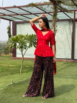 Swatee Singh - Red Color Block Sequins Sharara (Set of 3)