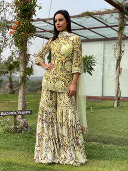 Swatee Singh - Yellow Printed Sharara (Set of 3)