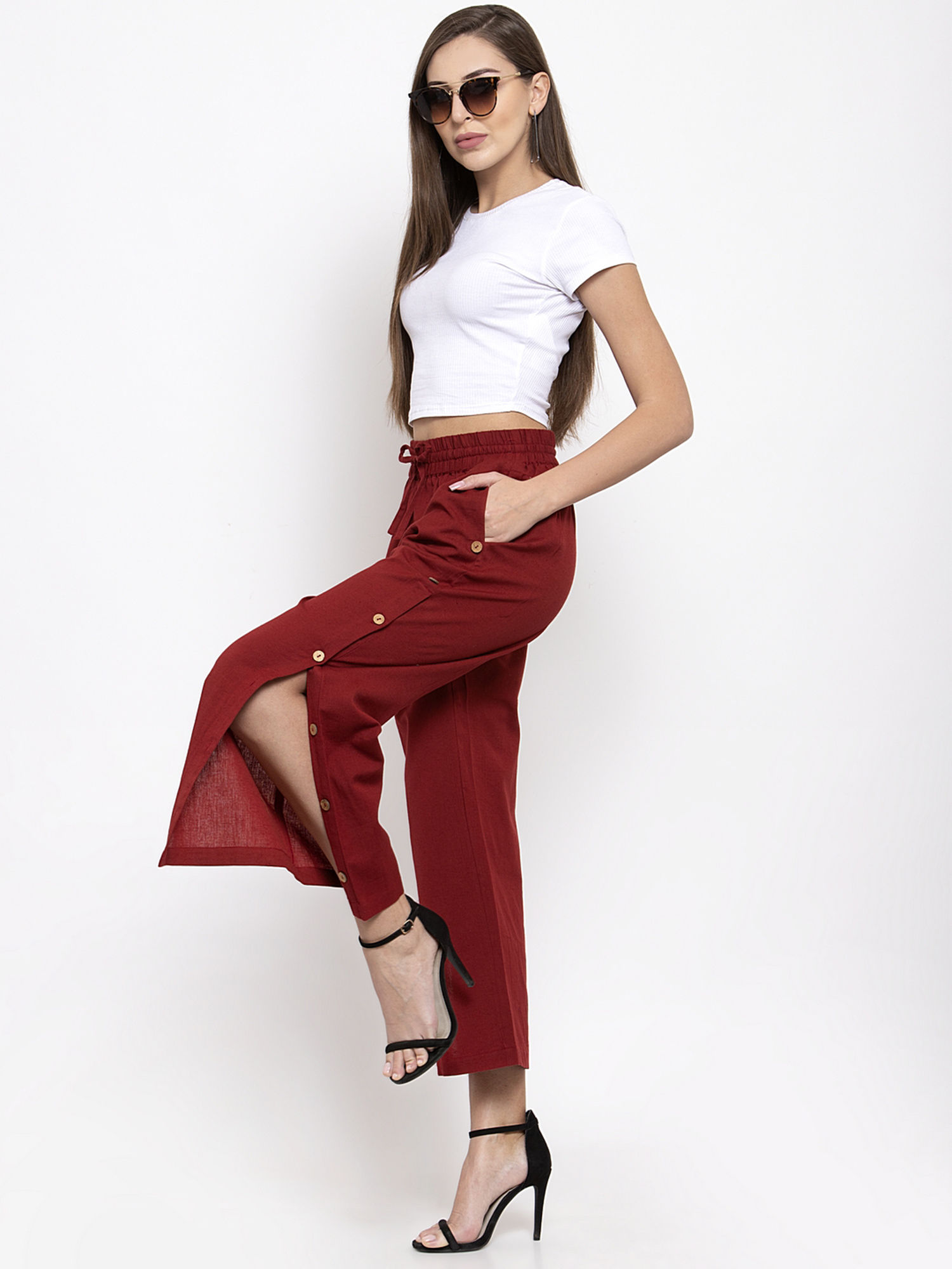 Maroon Solid Side Button Pant 