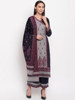 HK colours of fashion - Navy Blue Viscose Printed Unstitched Dress Material (Set of 3)