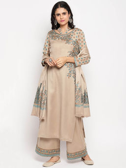 HK colours of fashion - Beige Solid Unstitched Dress Material (Set of 3)