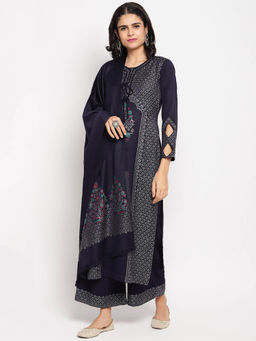 HK colours of fashion - Navy Blue Woven Unstitched Dress Material (Set of 3)