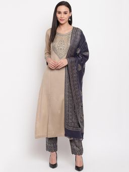 HK colours of fashion - Beige Viscose Printed Unstitched Dress Material (Set of 3)