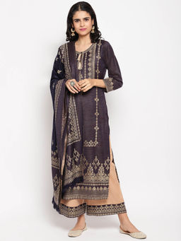 HK colours of fashion - Navy Blue Solid Unstitched Dress Material (Set of 3)