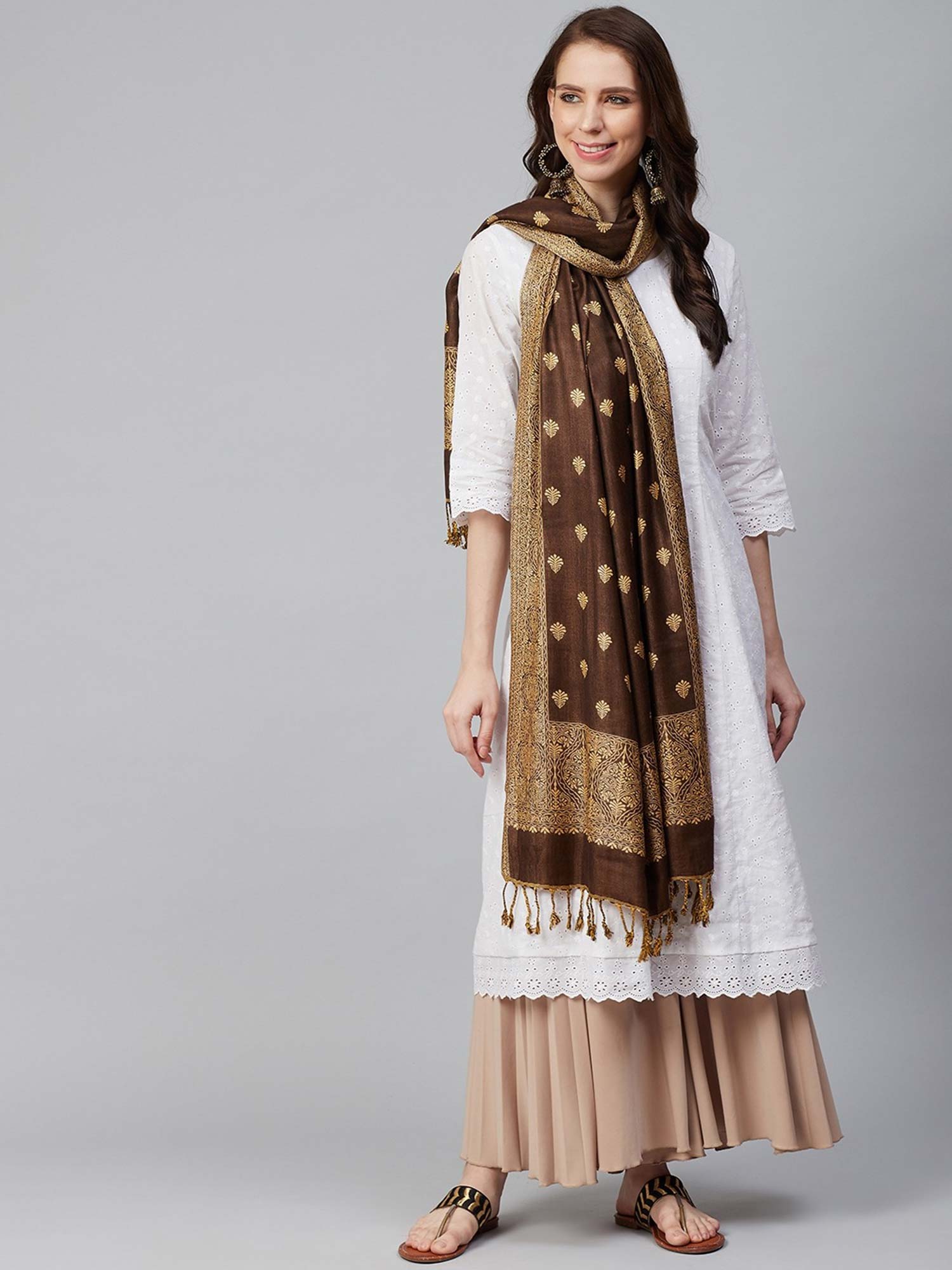 weavers villa Women Brown & Beige Woven Design Stole-picture-42