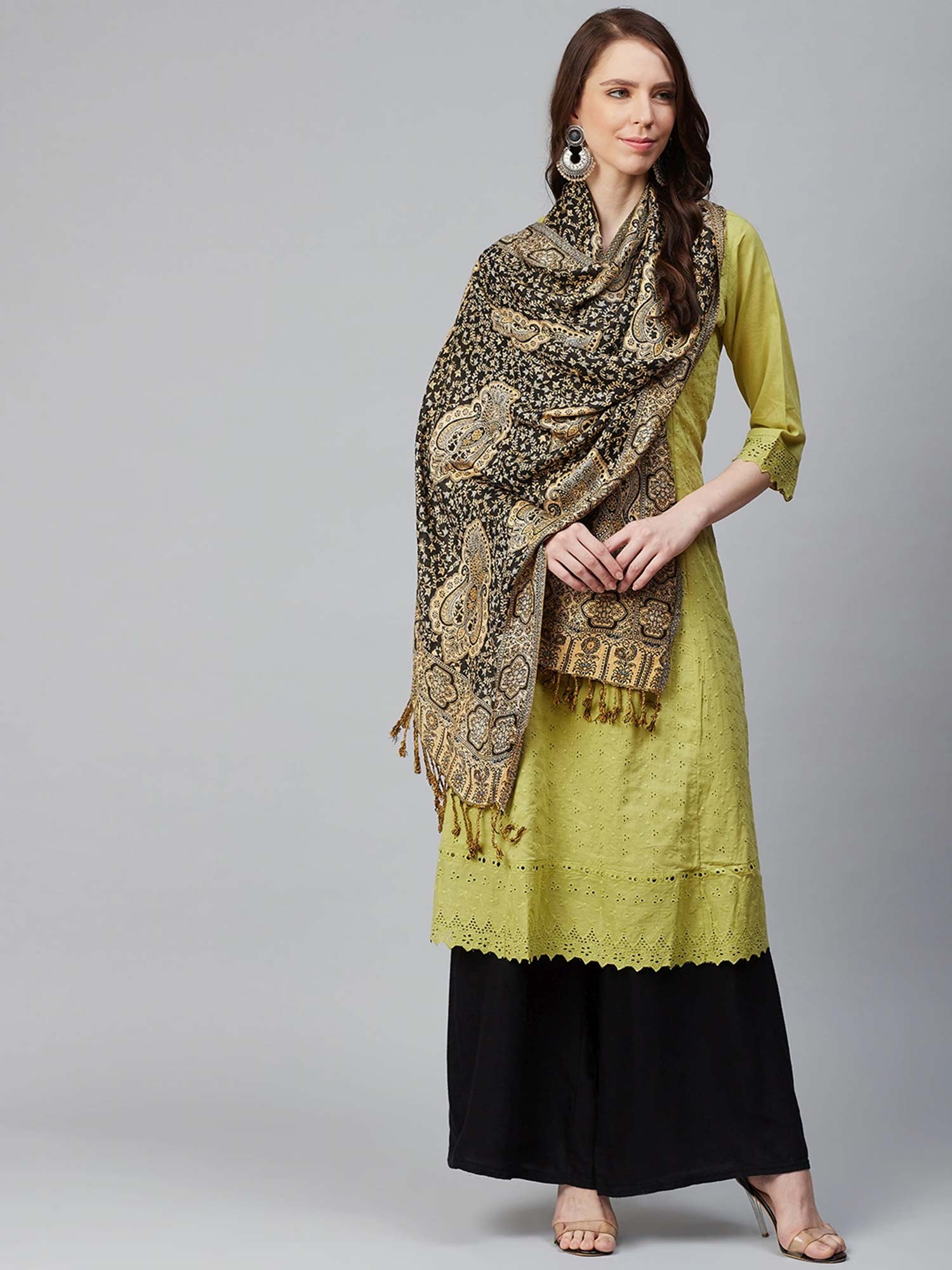 weavers villa Women Black & Beige Woven Design Stole-picture-26
