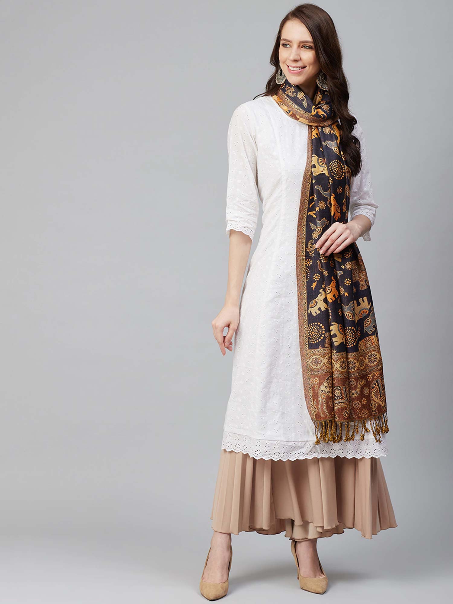 weavers villa Women Navy Blue & Mustard Yellow Woven Design Stole-picture-42