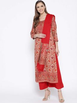 HK colours of fashion - Red Viscose Kalamkari Unstitched Dress Material (Set of 3)