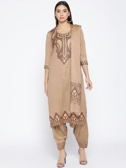 HK colours of fashion - Light Brown Viscose Printed Unstitched Dress Material (Set of 3)