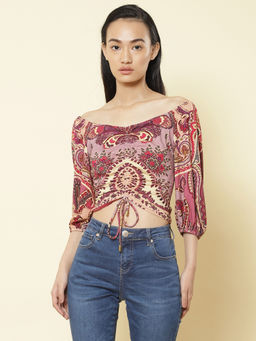 Label Ritu Kumar - Off Shoulder Half Sleeves Printed Short Top