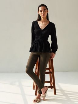 Label Ritu Kumar - V-Neck Full Sleeves Embroidered Short Top