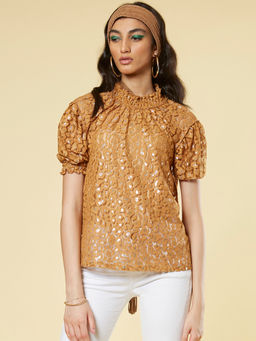 Label Ritu Kumar - Gold Round Neck Short Top With Camisole