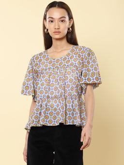 Label Ritu Kumar - Round Neck Half Sleeve Printed Short Top
