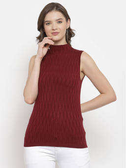 Mafadeny - Women Maroon Self Design Turtle Neck Viscose Sweater