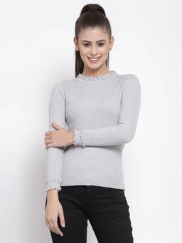 Mafadeny - Women Viscose Grey Solid Round Neck Sweater