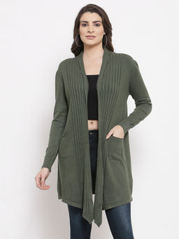 Mafadeny - Women Green Solid Full Sleeve Viscose Longline Shrug