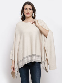 Mafadeny - Women Self Off White Round Neck Viscose Ponchos