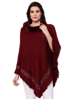 Mafadeny - Women Solid Maroon Viscose Ponchos