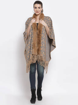 Mafadeny - Women Woven Brown Viscose Ponchos