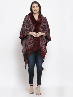 Mafadeny - Women Woven Maroon Viscose Ponchos