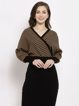 Mafadeny - Women Striped Mustard V-Neck Viscose Wrap Sheath Dress