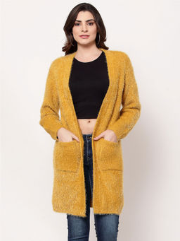 Mafadeny - Women Self Design Mustard Full Sleeves Viscose Winterwear Longline Shrug